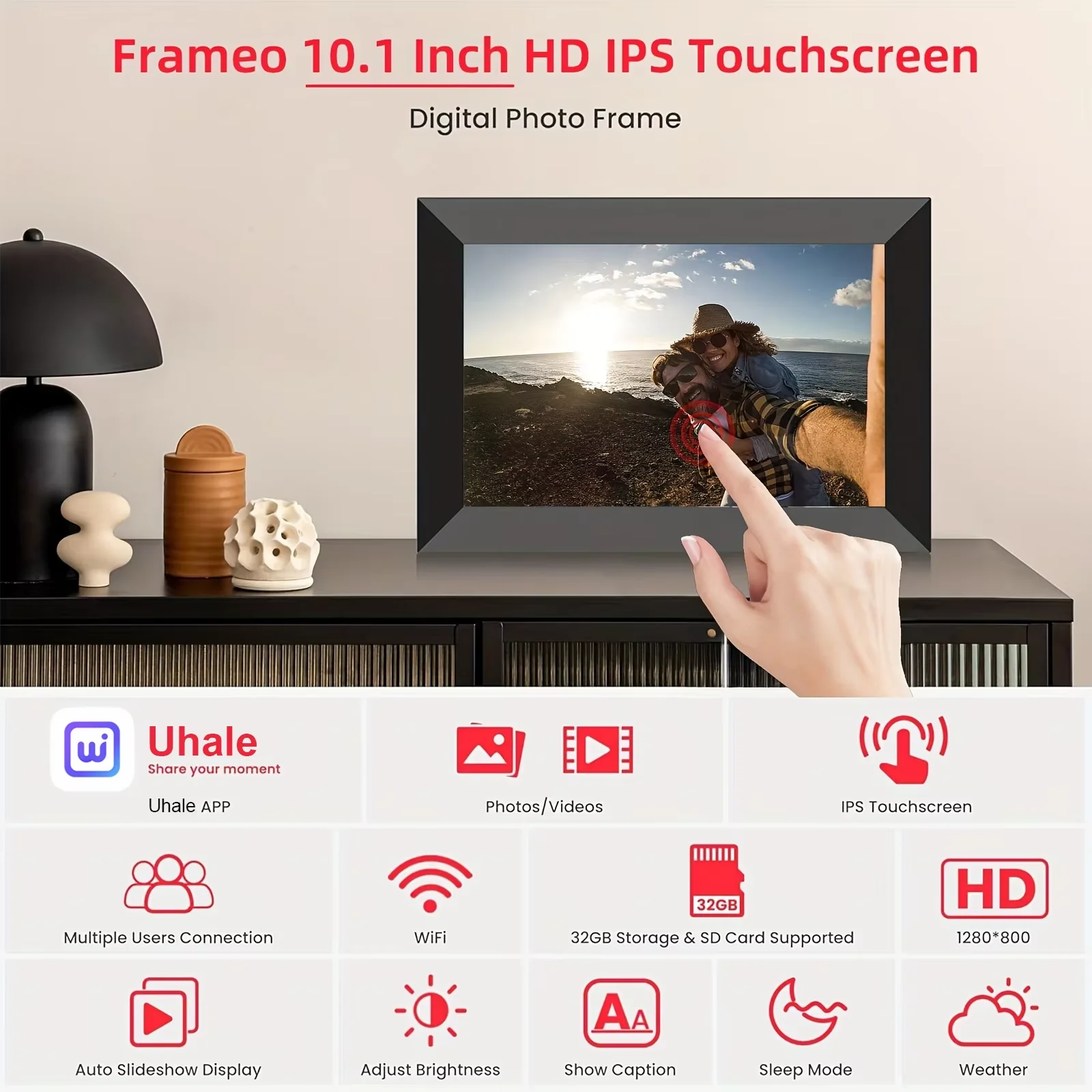 10.1” WiFi Digital Photo Frame, IPS Touch Screen, 32GB Storage, Gravity Sensor Support, Photo/Video Sharing via Secure Free Apps - Image 2